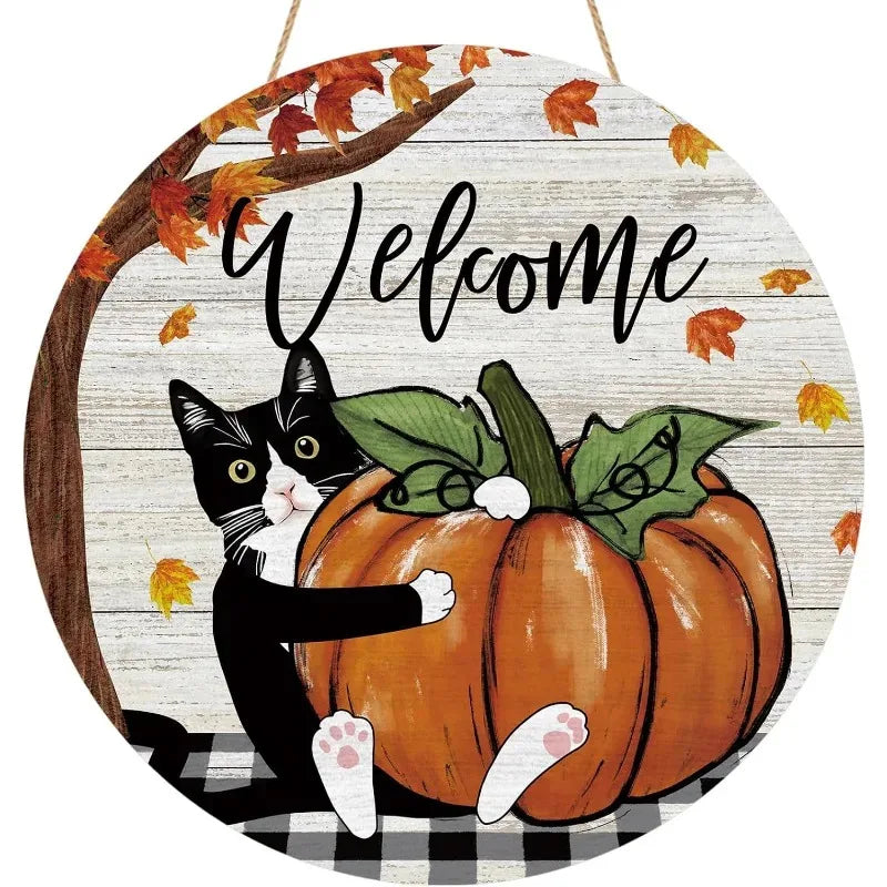 Herbst Türschild mit Katze – Welcome Holzschild mit Kürbis