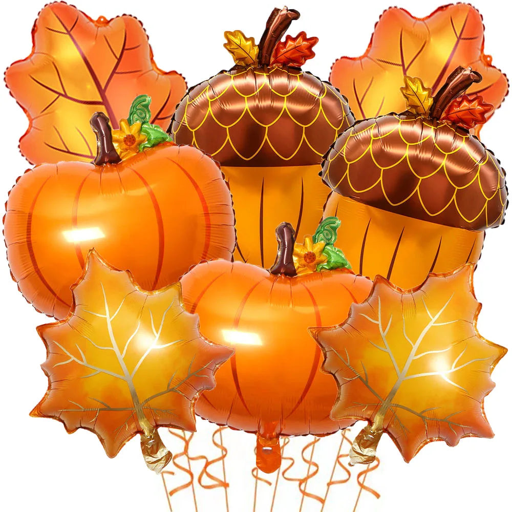 8 Stück Herbst-Folienballons – Kürbis, Ahornblätter & Eicheln für Erntedank & Deko