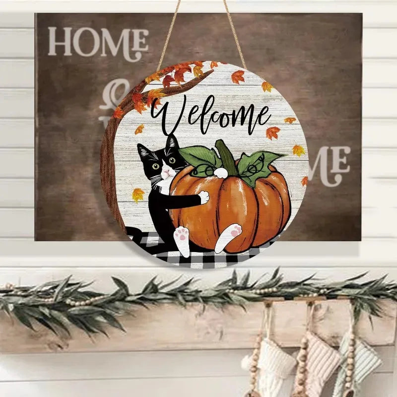 Herbst Türschild mit Katze – Welcome Holzschild mit Kürbis