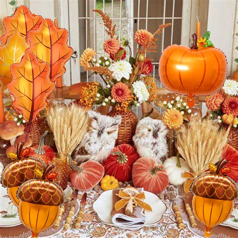 8 Stück Herbst-Folienballons – Kürbis, Ahornblätter & Eicheln für Erntedank & Deko
