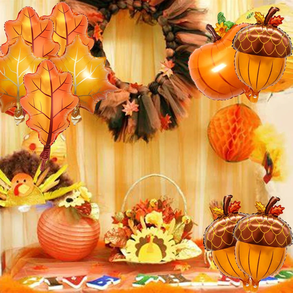 8 Stück Herbst-Folienballons – Kürbis, Ahornblätter & Eicheln für Erntedank & Deko
