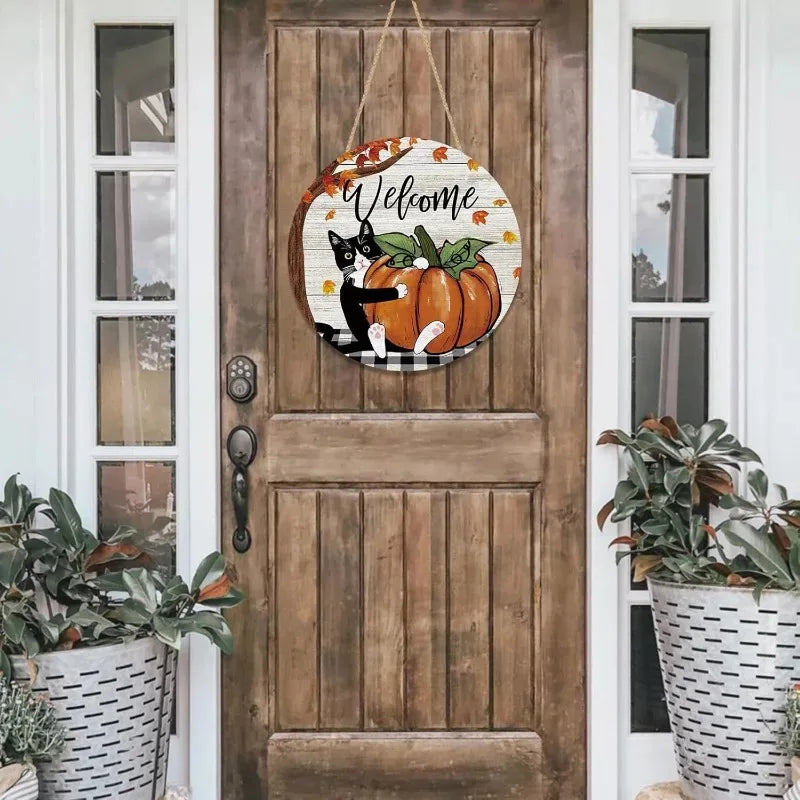 Herbst Türschild mit Katze – Welcome Holzschild mit Kürbis